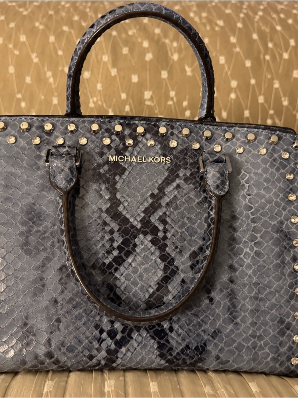 Michael Kors Gray Snake-Embossed Studded Satchel
